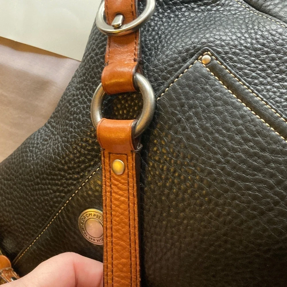 Coach Pebbled Black Leather with Brown Strap Stylish Classy Coach